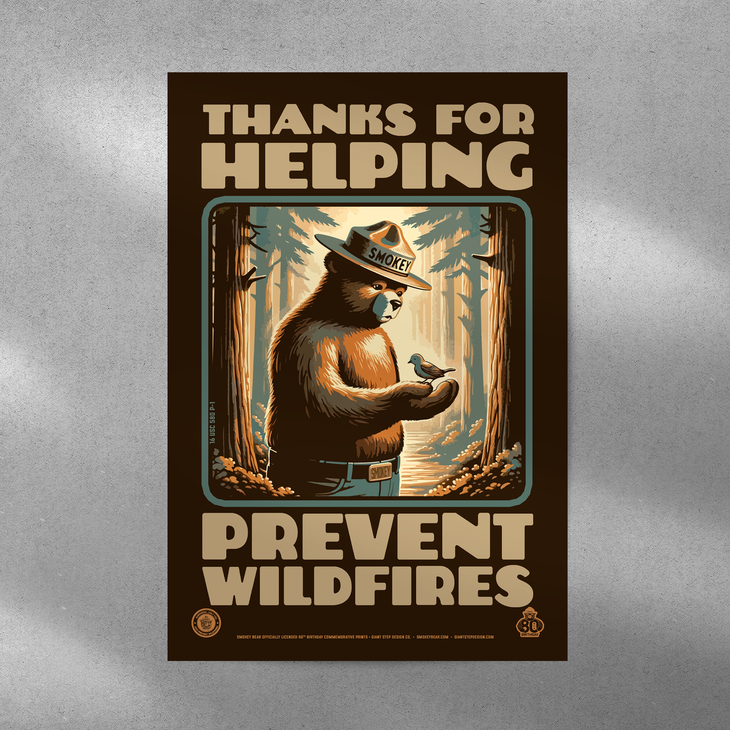 Smokey Bear & Bird Woodland Friends Thanks for Helping Prevent Wildfires Poster | 12" x 18" WPA Style Retro Art Print