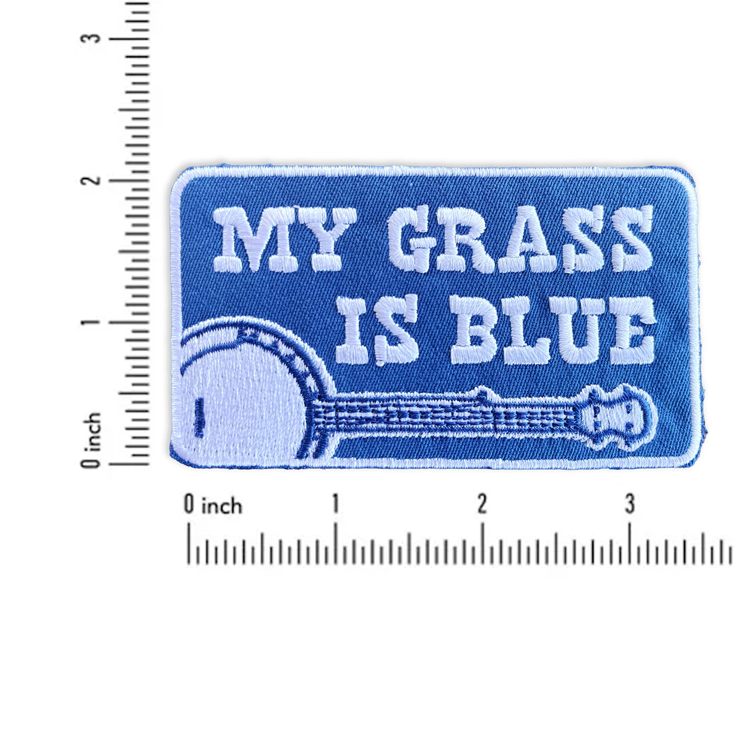 My Grass Is Blue Embroidered Banjo Bluegrass Patch - Iron-On Patch 3.5" x 2"