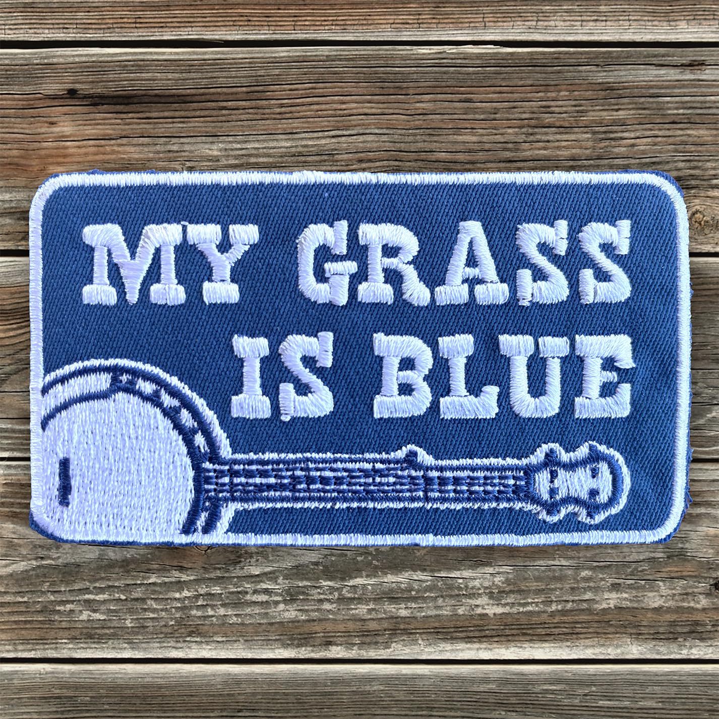 My Grass Is Blue Embroidered Banjo Bluegrass Patch - Iron-On Patch 3.5" x 2"