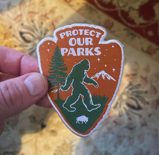 Protect Our Parks Woven Bigfoot Sasquatch Patch - Iron-On Patch 3.5" x 2"