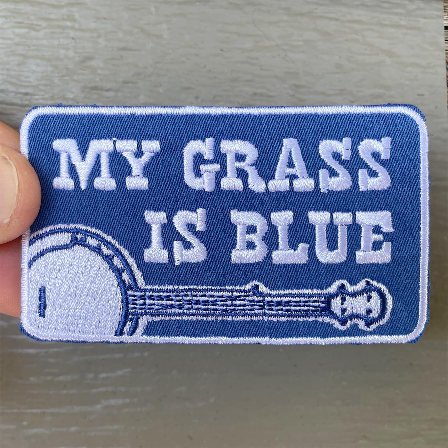 My Grass Is Blue Embroidered Banjo Bluegrass Patch - Iron-On Patch 3.5" x 2"