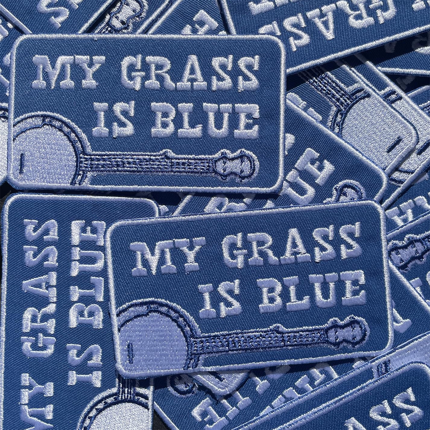 My Grass Is Blue Embroidered Banjo Bluegrass Patch - Iron-On Patch 3.5" x 2"