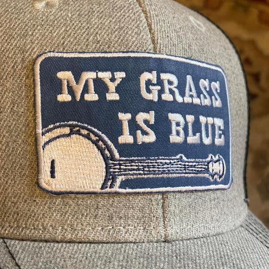 My Grass Is Blue Embroidered Banjo Bluegrass Patch - Iron-On Patch 3.5" x 2"