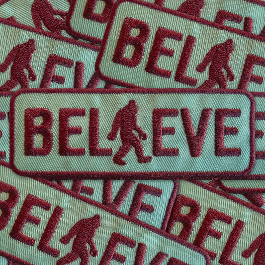 BELIEVE Retro Walking Sasquatch Embroidered Bigfoot Patch - Iron-On Patch 4" x 1.5" - Great for Trucker Hats