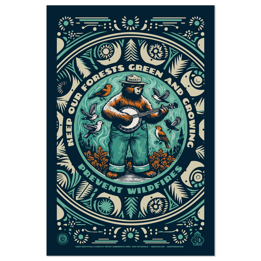 Banjo Smokey Bear | Keep Our Forests Green & Growing Smokey Bear Commemorative Poster | 12" x 18" Vintage WPA Style Art Print
