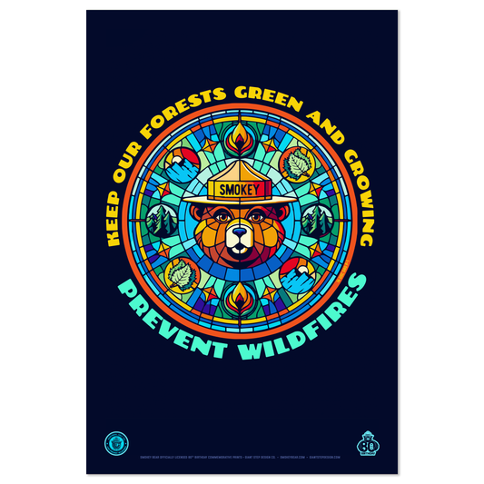 Stained Glass Style Keep Our Forest Green & Growing Smokey Bear Poster | 12" x 18" WPA Style Retro Art Print