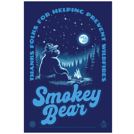 Smokey Bear Stargazing Campfire Thanks for Helping Prevent Wildfires Poster | 12" x 18" WPA Style Retro Art Print