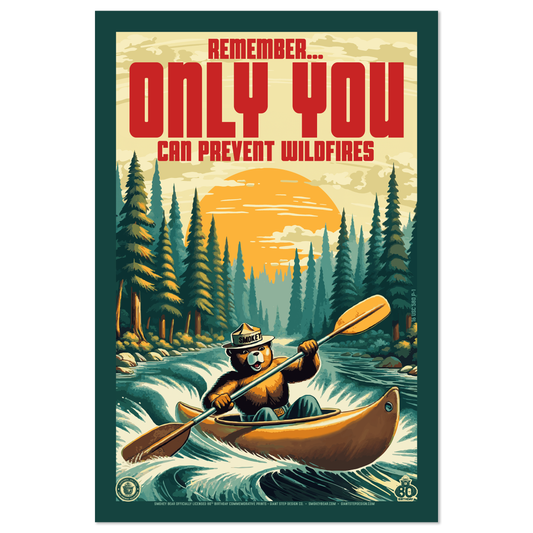 Retro Paddling Kayak Smokey - Remember, Only You Can Prevent Wildfires Educational Poster | 12" x 18" Vintage WPA Style Art Print