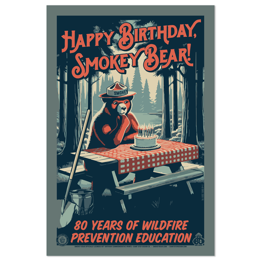 Happy Birthday, Smokey! 80 Years of Wildfire Prevention | Pensive Campsite Smokey Commemorative Poster | 12" x 18" Vintage WPA Style Art Print
