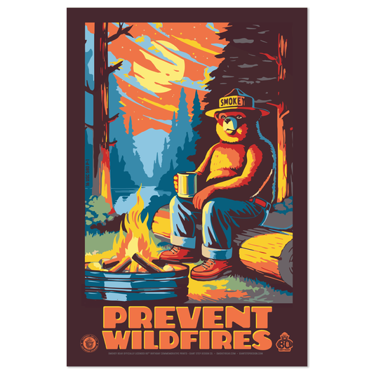 Smokey Bear by Campfire Prevent Wildfires Smokey Camping Drinking Coffee Poster | 12" x 18" WPA Style Retro Art Print