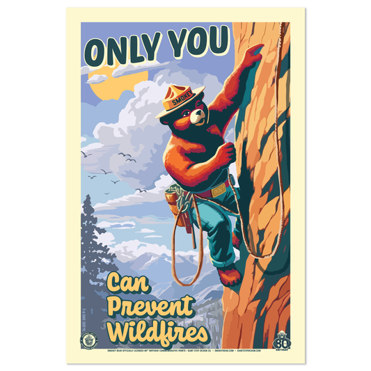Only You Can Prevent Wildfires Rock Climbing Smokey Bear Commemorative Poster | 12" x 18" Vintage WPA Style Art Print