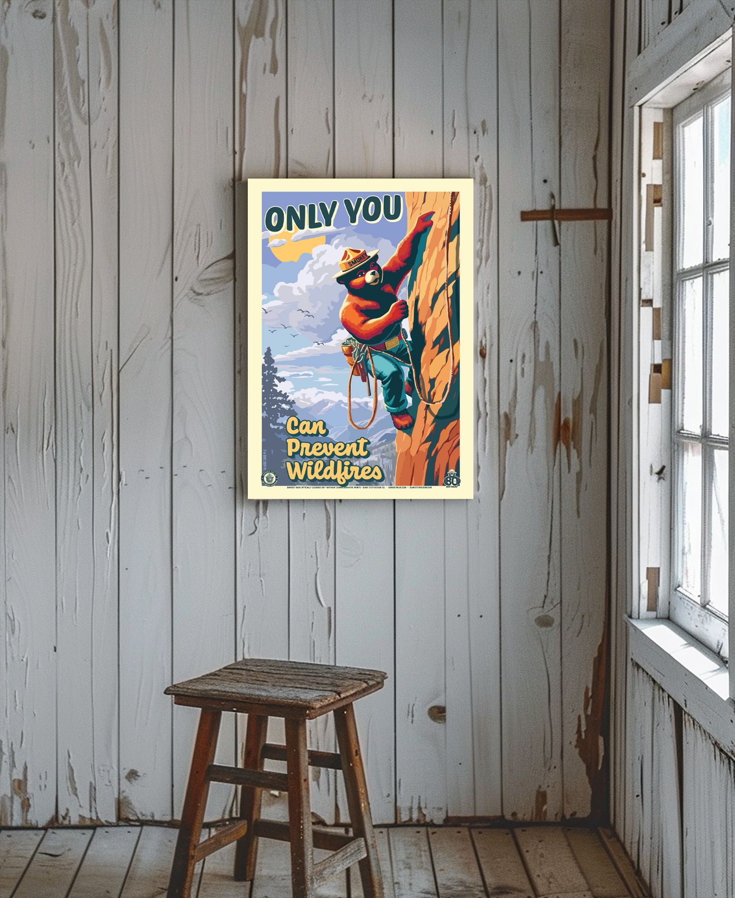 Only You Can Prevent Wildfires Rock Climbing Smokey Bear Commemorative Poster | 12" x 18" Vintage WPA Style Art Print
