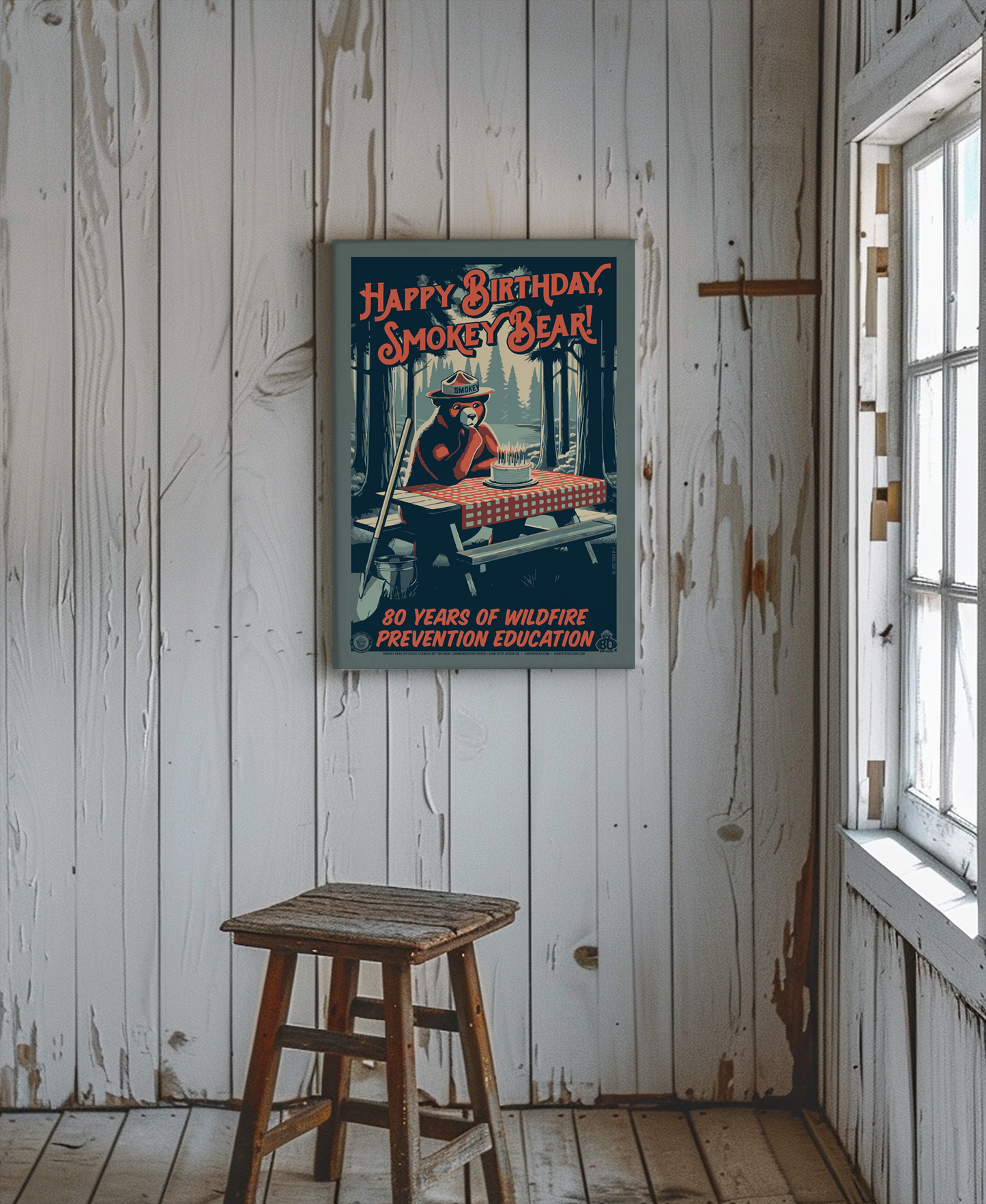 Happy Birthday, Smokey! 80 Years of Wildfire Prevention | Pensive Campsite Smokey Commemorative Poster | 12" x 18" Vintage WPA Style Art Print