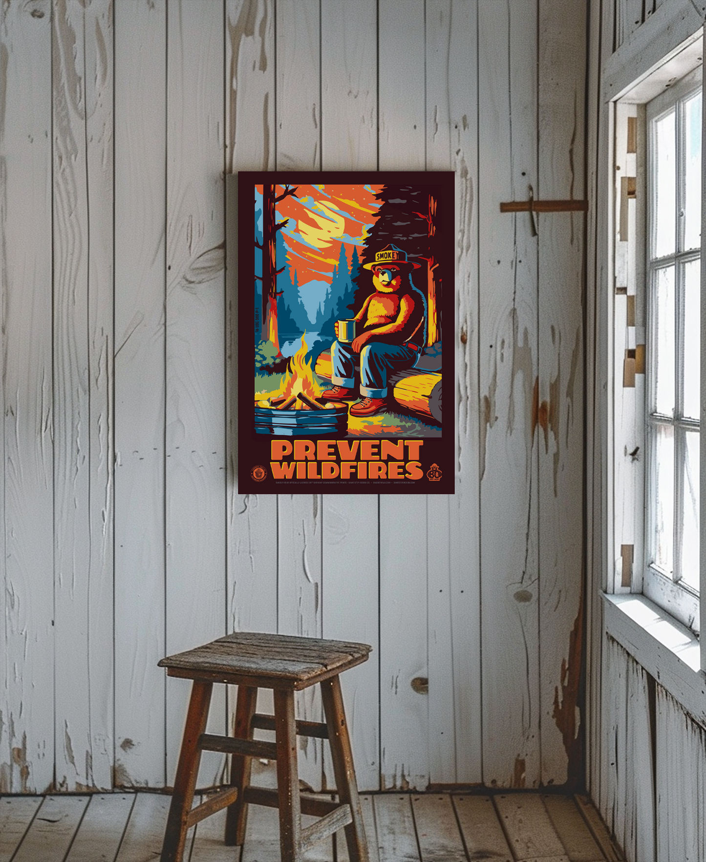 Smokey Bear by Campfire Prevent Wildfires Smokey Camping Drinking Coffee Poster | 12" x 18" WPA Style Retro Art Print