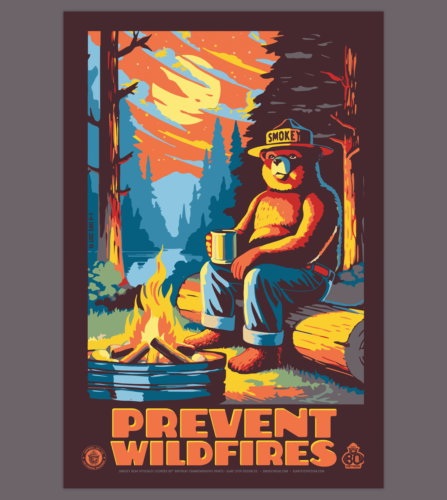 Smokey Bear by Campfire Prevent Wildfires Smokey Camping Drinking Coffee Poster | 12" x 18" WPA Style Retro Art Print