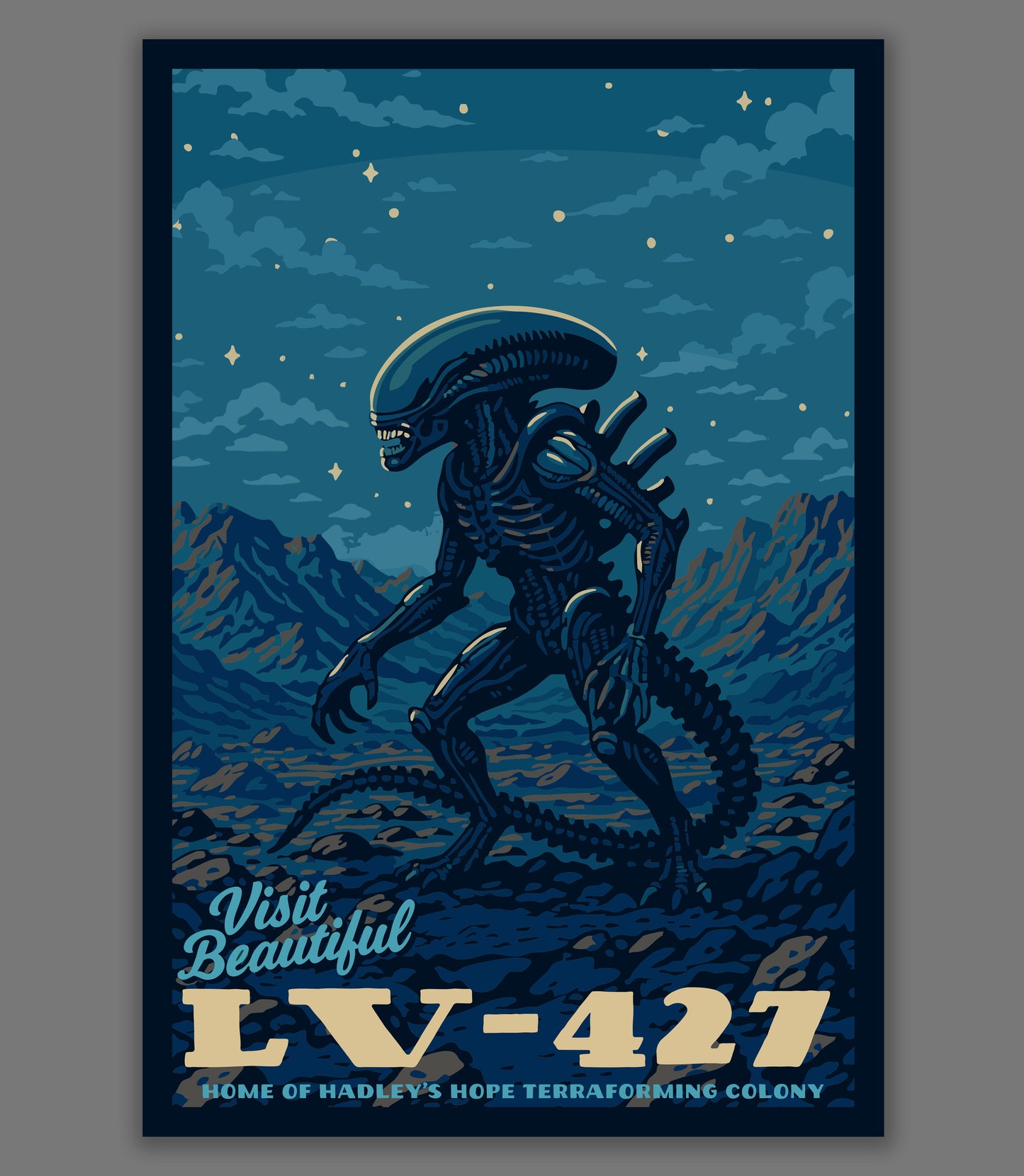 Visit Beautiful LV-426 Home of Hadley's Hope | National Park-Style WPA Travel Art | Alien Xenomorph Fan Art Satire | 12" x 18" Print