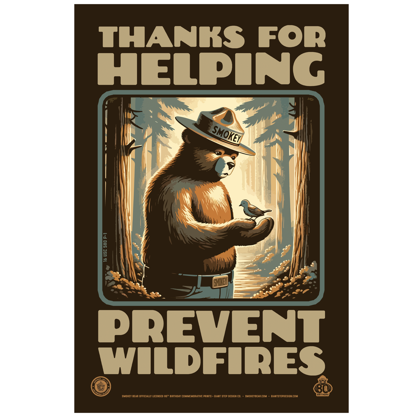 Smokey Bear & Bird Woodland Friends Thanks for Helping Prevent Wildfires Poster | 12" x 18" WPA Style Retro Art Print