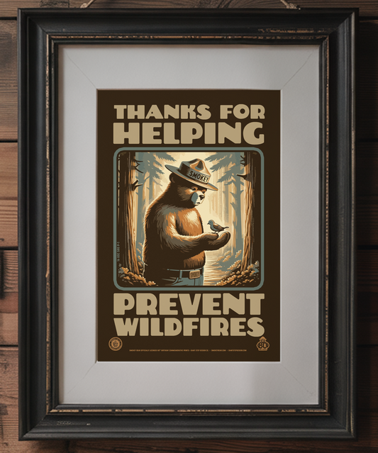 Smokey Bear & Bird Woodland Friends Thanks for Helping Prevent Wildfires Poster | 12" x 18" WPA Style Retro Art Print
