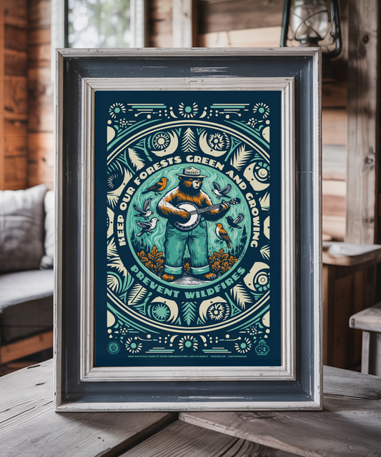 Banjo Smokey Bear | Keep Our Forests Green & Growing Smokey Bear Commemorative Poster | 12" x 18" Vintage WPA Style Art Print