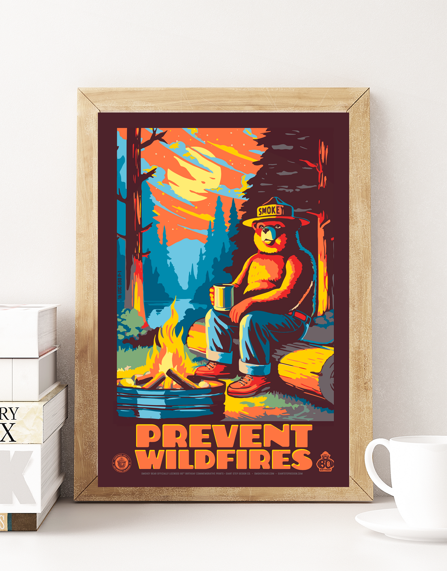 Smokey Bear by Campfire Prevent Wildfires Smokey Camping Drinking Coffee Poster | 12" x 18" WPA Style Retro Art Print