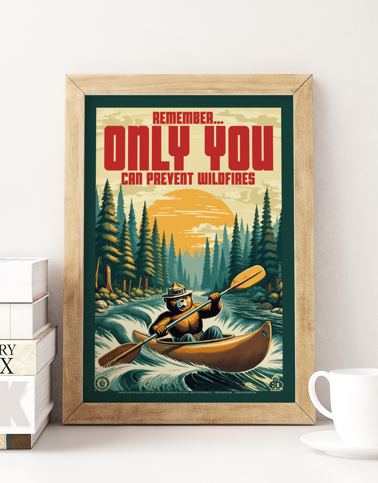 Retro Paddling Kayak Smokey - Remember, Only You Can Prevent Wildfires Educational Poster | 12" x 18" Vintage WPA Style Art Print