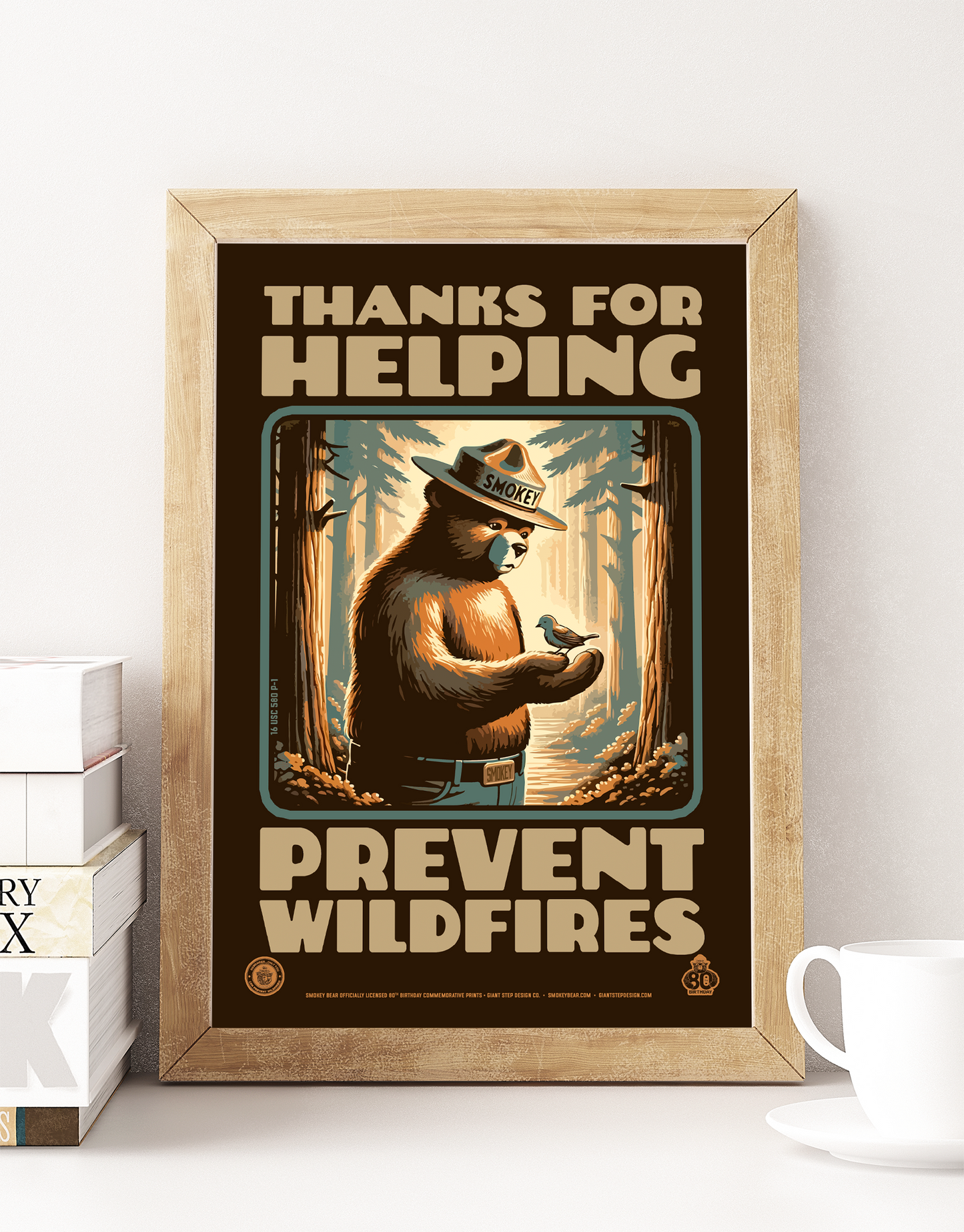 Smokey Bear & Bird Woodland Friends Thanks for Helping Prevent Wildfires Poster | 12" x 18" WPA Style Retro Art Print