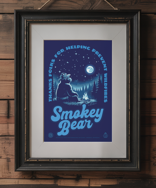 Smokey Bear Stargazing Campfire Thanks for Helping Prevent Wildfires Poster | 12" x 18" WPA Style Retro Art Print