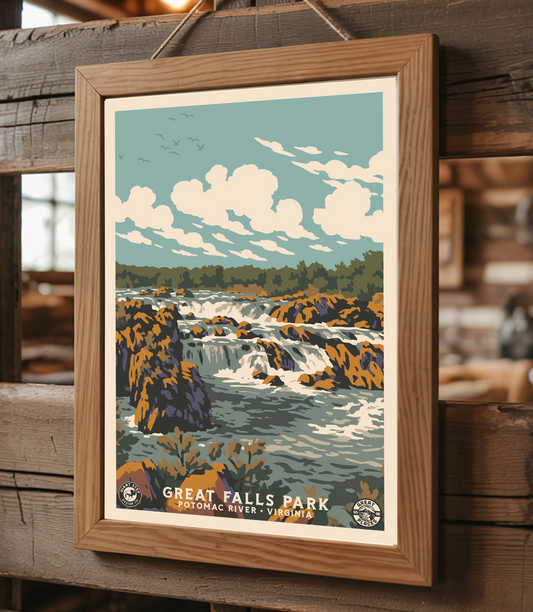 Great Falls Park - National Park Style Art Print | Vintage WPA Style Retro Virginia Fall Line Travel Poster 12"x18"