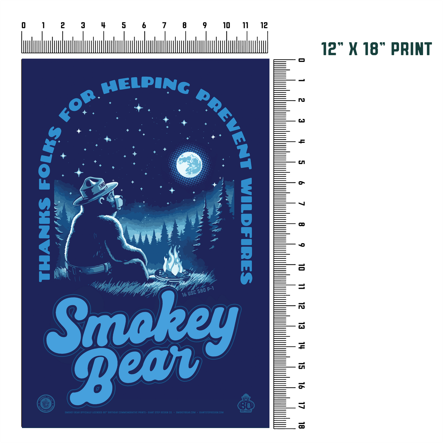 Smokey Bear Stargazing Campfire Thanks for Helping Prevent Wildfires Poster | 12" x 18" WPA Style Retro Art Print