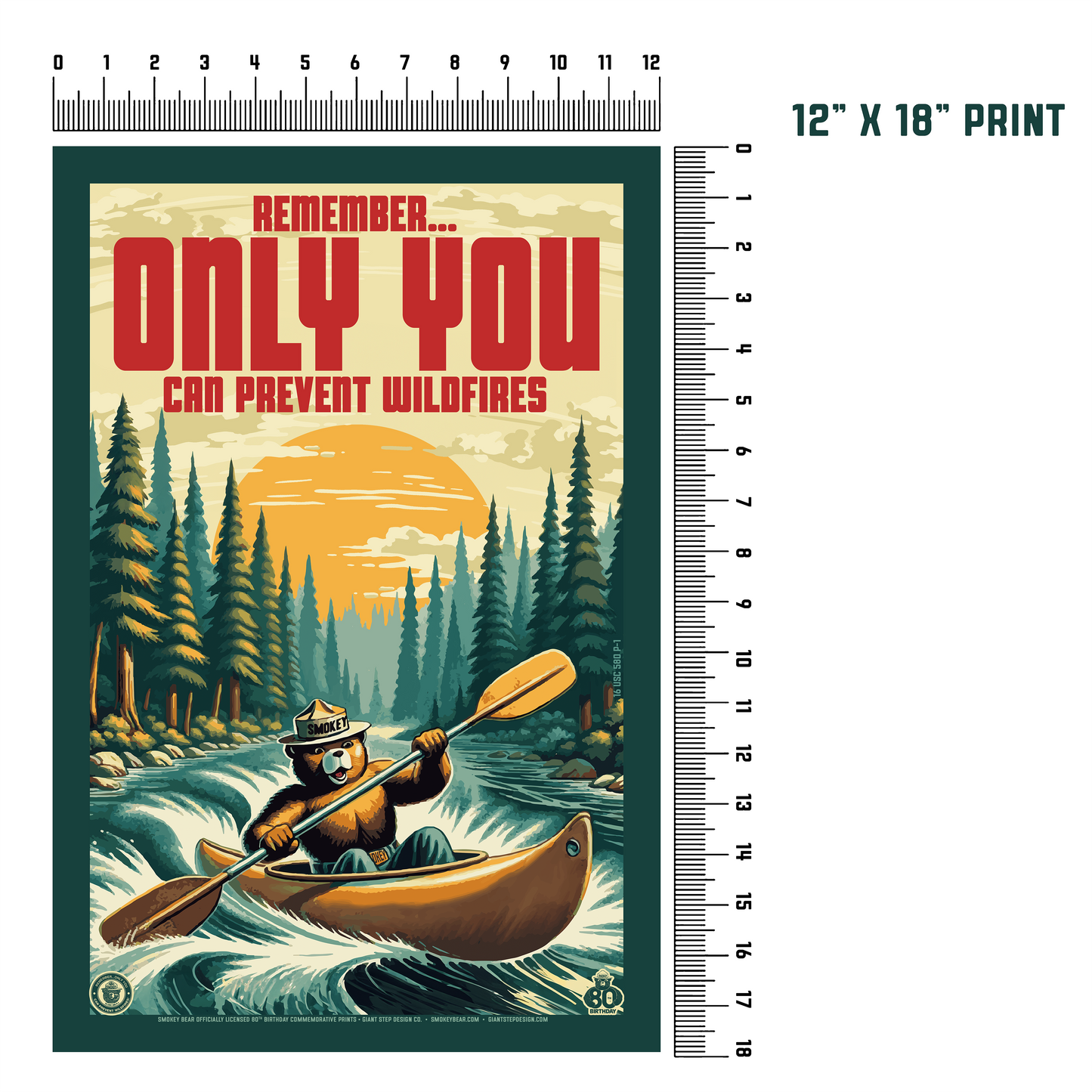 Retro Paddling Kayak Smokey - Remember, Only You Can Prevent Wildfires Educational Poster | 12" x 18" Vintage WPA Style Art Print