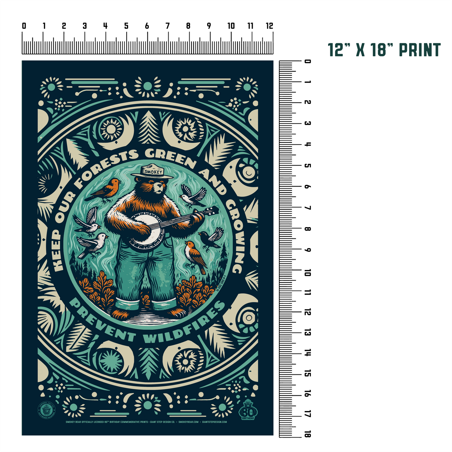 Banjo Smokey Bear | Keep Our Forests Green & Growing Smokey Bear Commemorative Poster | 12" x 18" Vintage WPA Style Art Print