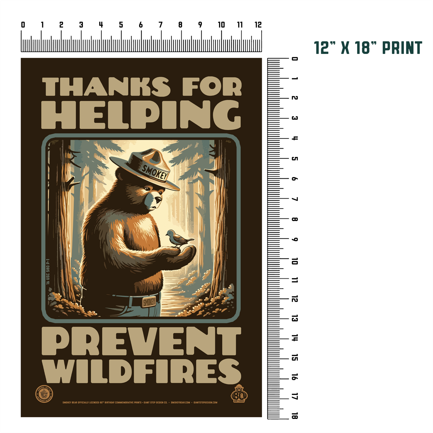 Smokey Bear & Bird Woodland Friends Thanks for Helping Prevent Wildfires Poster | 12" x 18" WPA Style Retro Art Print