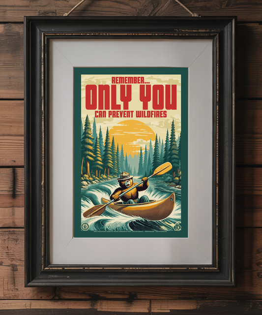 Retro Paddling Kayak Smokey - Remember, Only You Can Prevent Wildfires Educational Poster | 12" x 18" Vintage WPA Style Art Print