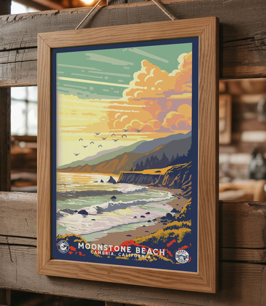 Moonstone Beach Cambria, California | WPA Travel Art Poster Print | 12" x 18" Print