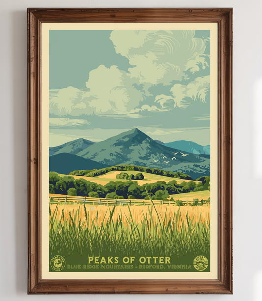 Peaks Of Otter Blue Ridge Parkway - National Park Style Art Print | Vintage WPA Style Bedford Virginia Travel Poster 12"x18"