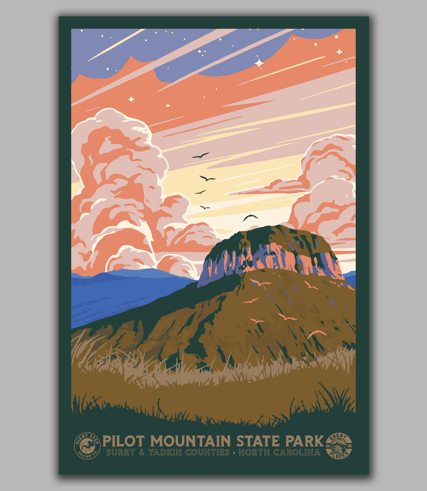Pilot Mountain State Park - National Park Style Art Print | Vintage WPA Style Retro North Carolina Travel Poster 12"x18"