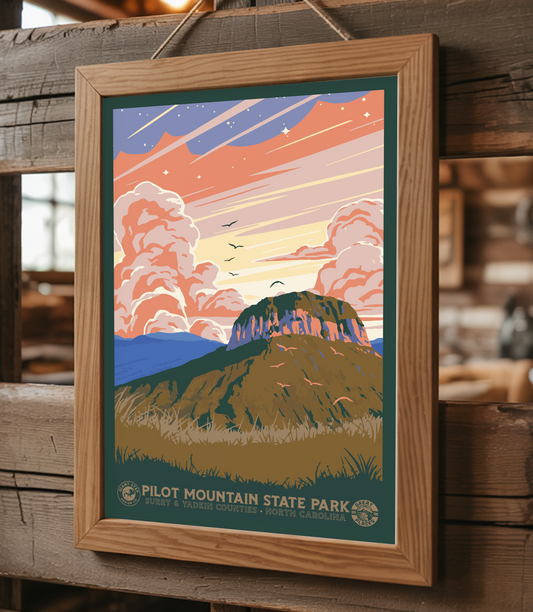 Pilot Mountain State Park - National Park Style Art Print | Vintage WPA Style Retro North Carolina Travel Poster 12"x18"