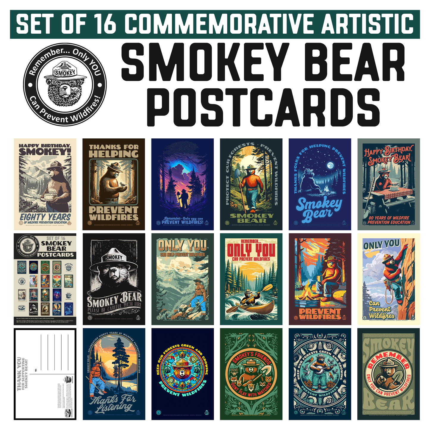 Officially Licensed Smokey Bear 16-Pack Collectible Smokey Postcard Collection - 4" x 6" (Set of 16)