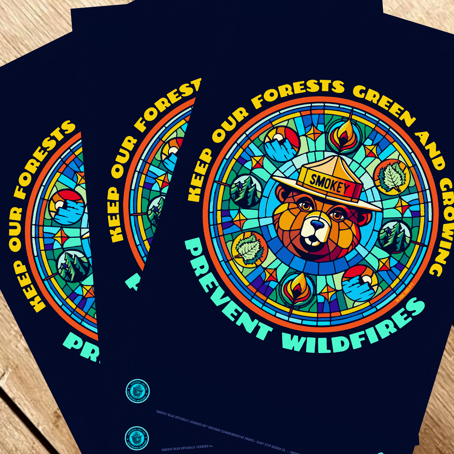 Stained Glass Style Keep Our Forest Green & Growing Smokey Bear Poster | 12" x 18" WPA Style Retro Art Print