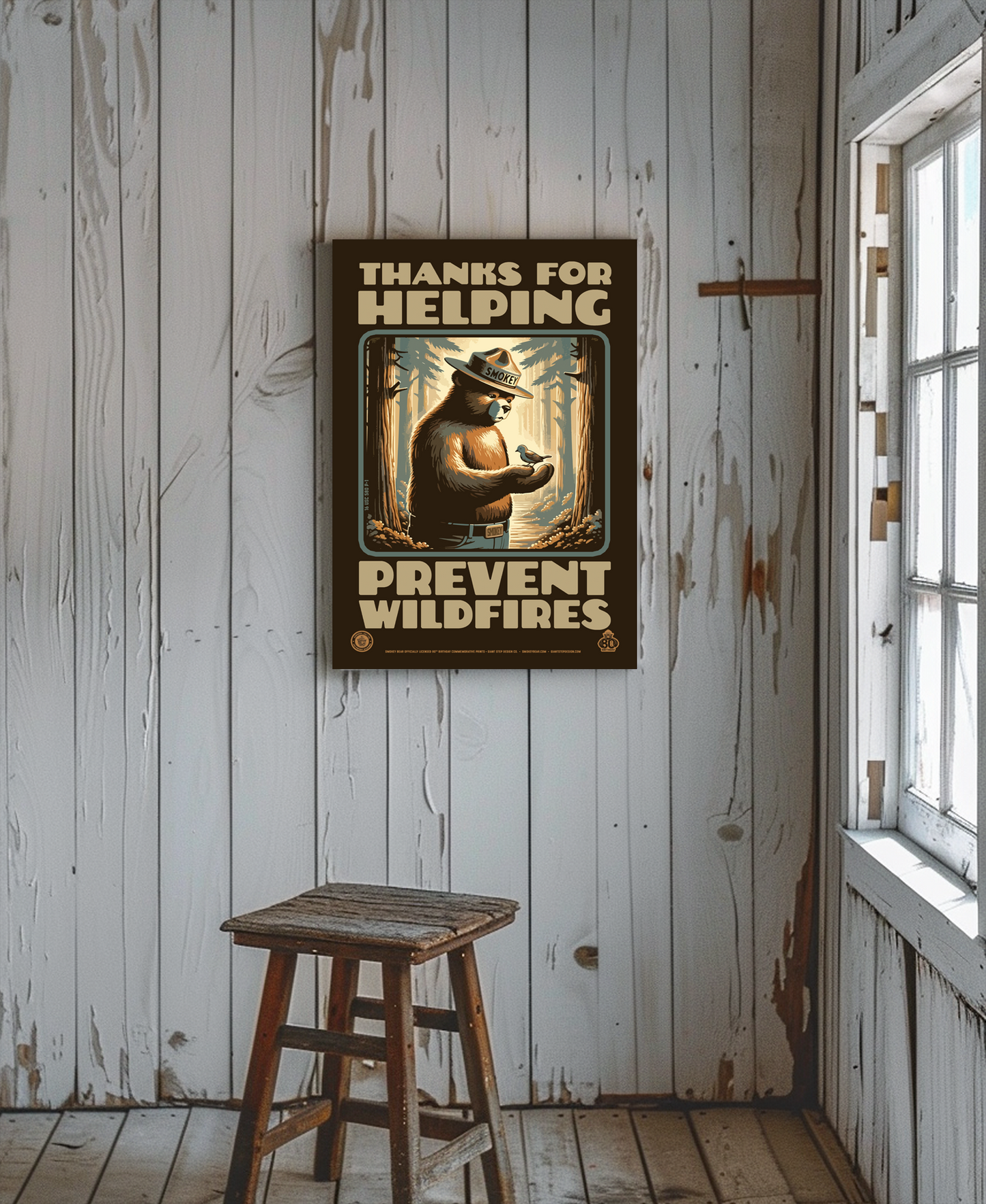Smokey Bear & Bird Woodland Friends Thanks for Helping Prevent Wildfires Poster | 12" x 18" WPA Style Retro Art Print