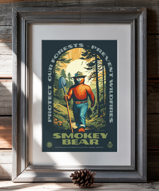 Smokey Bear Hiking Protect Our Forests Thanks for Helping Prevent Wildfires Poster | 12" x 18" WPA Style Retro Art Print