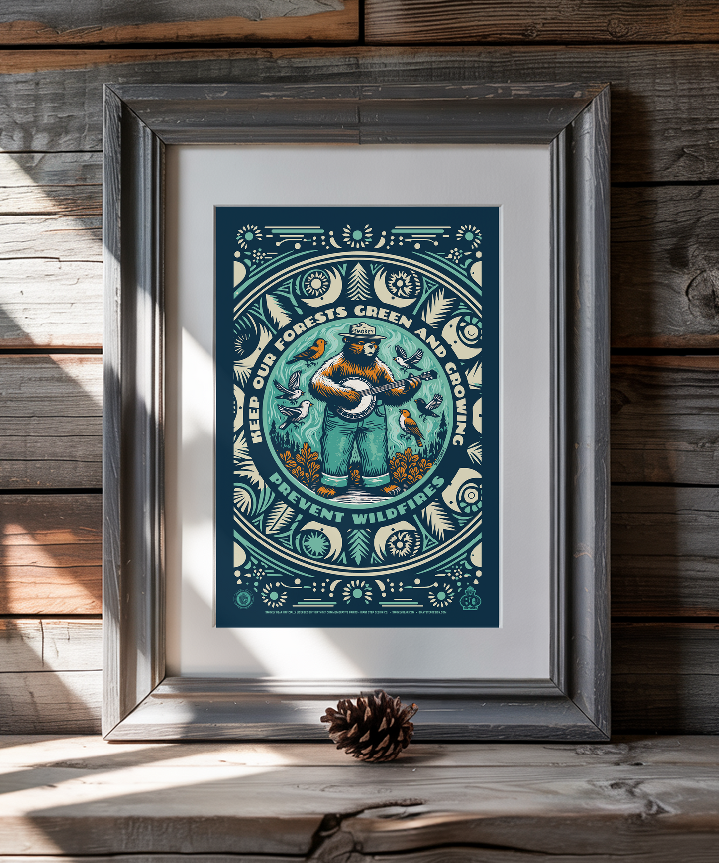 Banjo Smokey Bear | Keep Our Forests Green & Growing Smokey Bear Commemorative Poster | 12" x 18" Vintage WPA Style Art Print