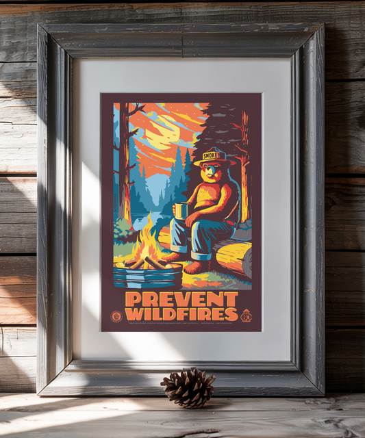 Smokey Bear by Campfire Prevent Wildfires Smokey Camping Drinking Coffee Poster | 12" x 18" WPA Style Retro Art Print
