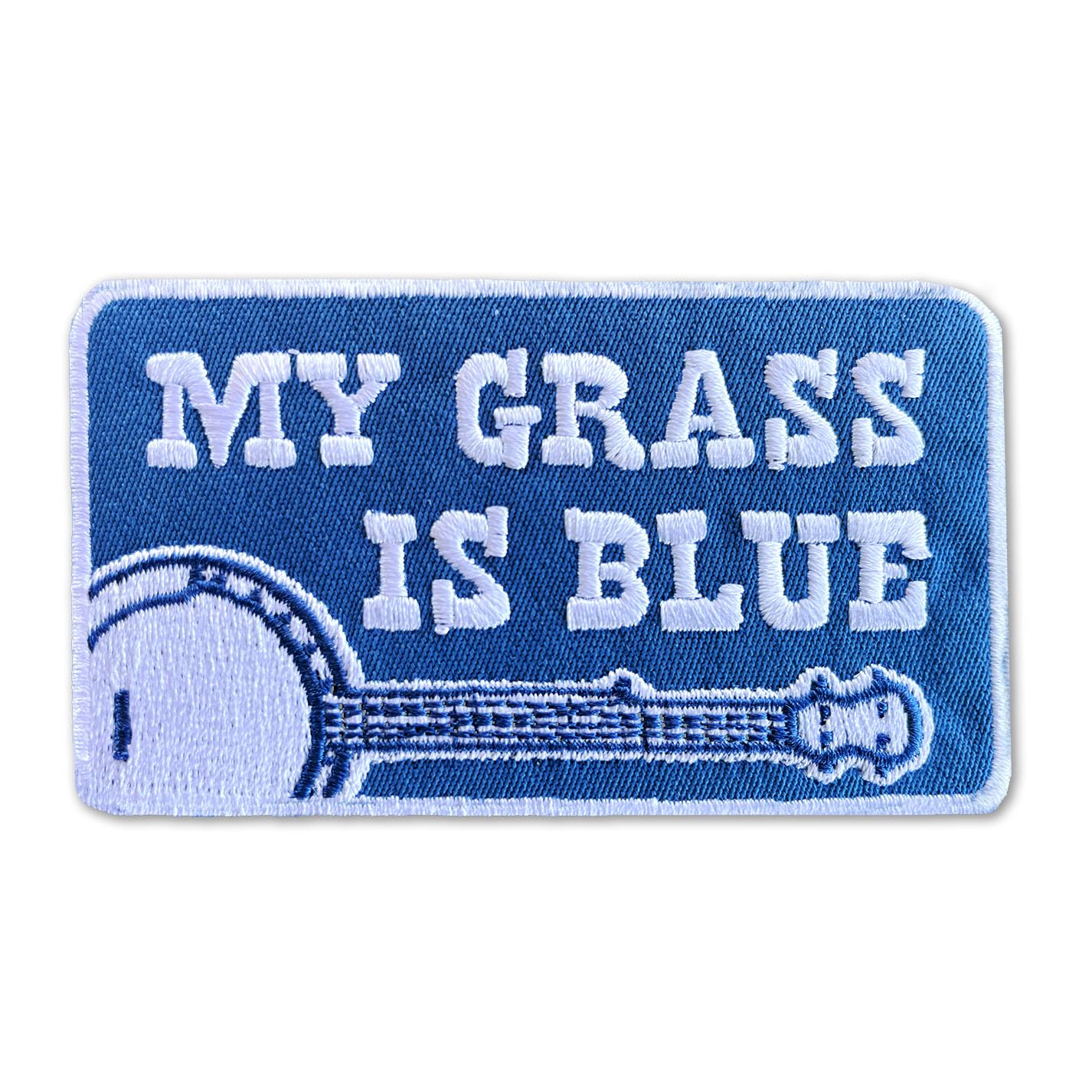 My Grass Is Blue Embroidered Banjo Bluegrass Patch - Iron-On Patch 3.5" x 2"