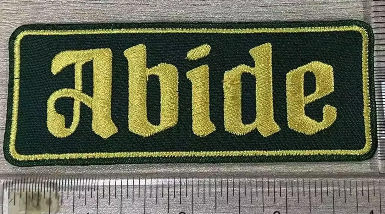 ABIDE Embroidered Patch - Iron-On Patch 4" x 1.5" - Green & Gold Gothic Font Great for Trucker Hats