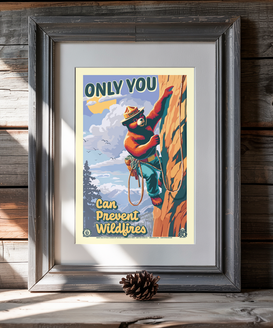 Only You Can Prevent Wildfires Rock Climbing Smokey Bear Commemorative Poster | 12" x 18" Vintage WPA Style Art Print