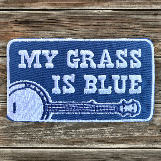 My Grass Is Blue Embroidered Banjo Bluegrass Patch - Iron-On Patch 3.5" x 2"