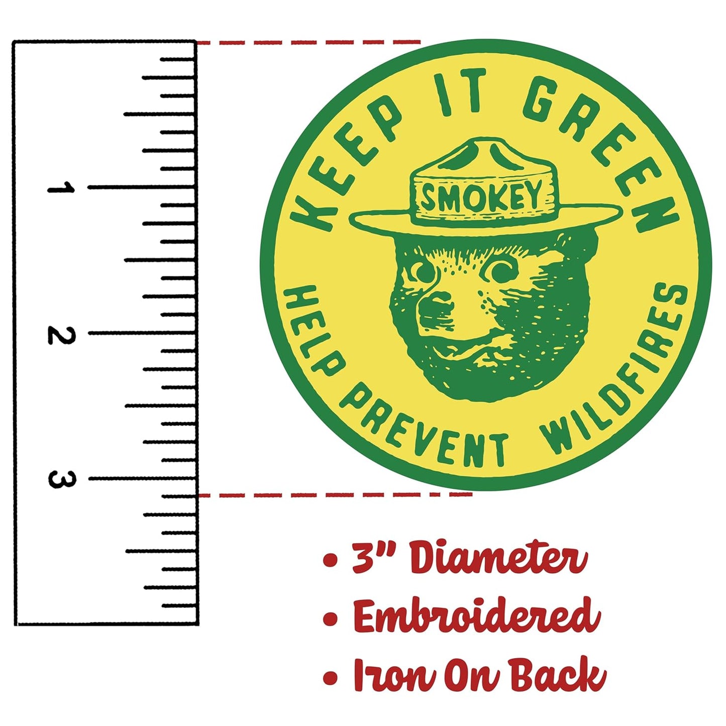 Smokey Bear Patch - Keep It Green! Help Prevent Wildfires Vintage Iron-On Embroidered Patch For Hats and Accessories Officially Licensed 3" Diameter