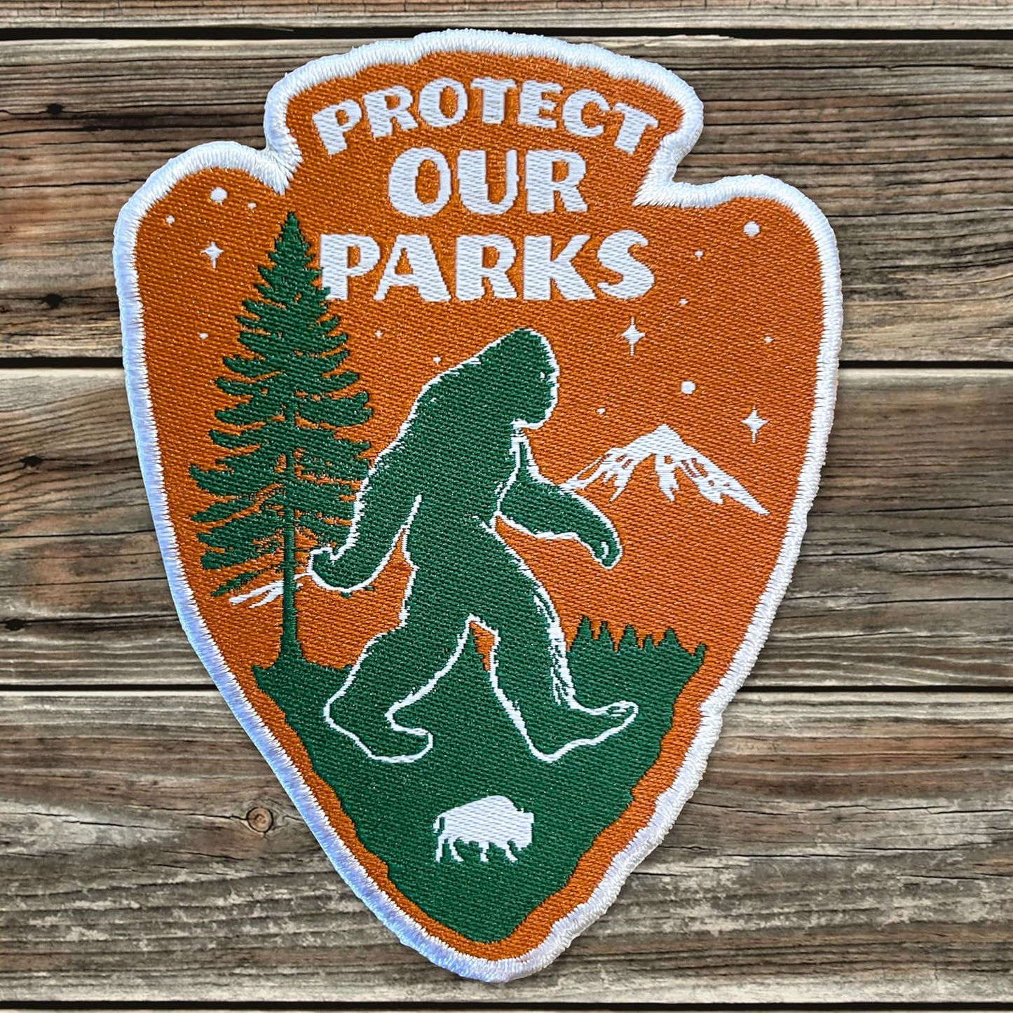 Protect Our Parks Woven Bigfoot Sasquatch Patch - Iron-On Patch 3.5" x 2"