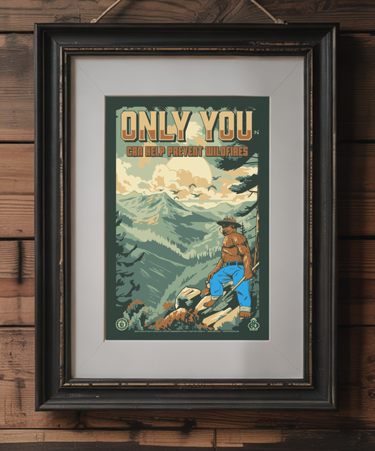 Only You Can Prevent Wildfires Rocky Mountains 80 Years of Wildfire Prevention | Smokey Bear Commemorative Poster | 12" x 18" Vintage WPA Style Art Print
